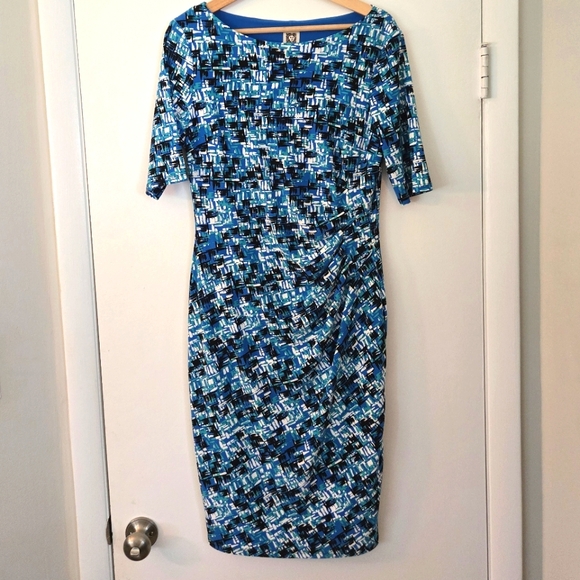 Anne Klein Blue Graphic Short Sleeve Stretch Sheath Dress Size 8 - Picture 1 of 4